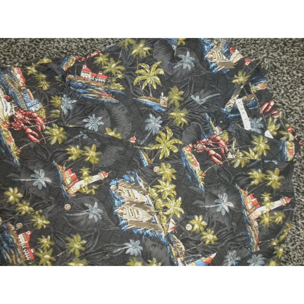 Batik Bay Shirt Mens‎ XL Black Hawaiian Tiki Hut Resort Tropical Beach Button Up